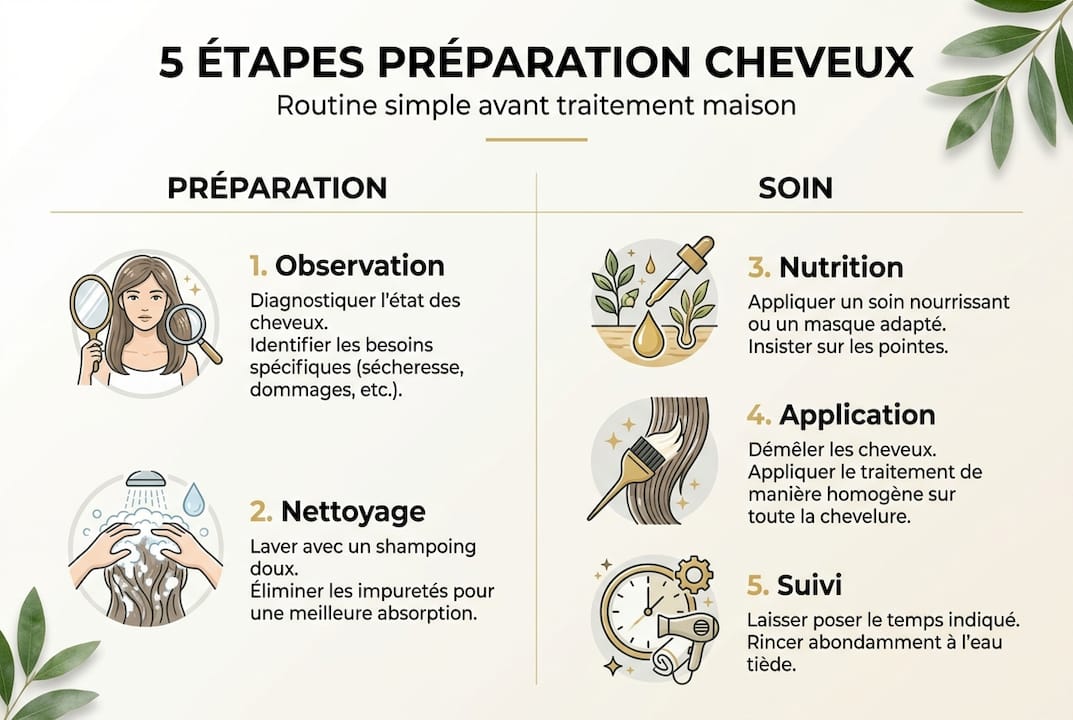 Découvrez notre infographie dédiée aux 5 étapes incontournables pour préparer vos cheveux en beauté.