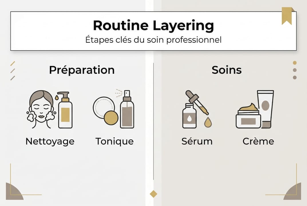 Infographie : les différentes étapes d'une routine de soins pour la peau en layering