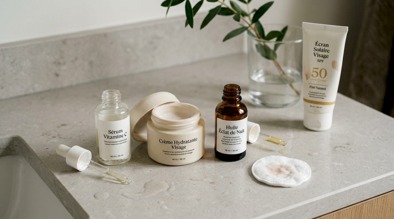 Des soins antioxydants élégamment disposés sur le rebord du lavabo dans la salle de bain