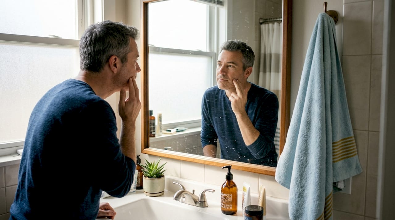 Un homme observe attentivement l’aspect de sa peau devant le miroir de sa salle de bain.
