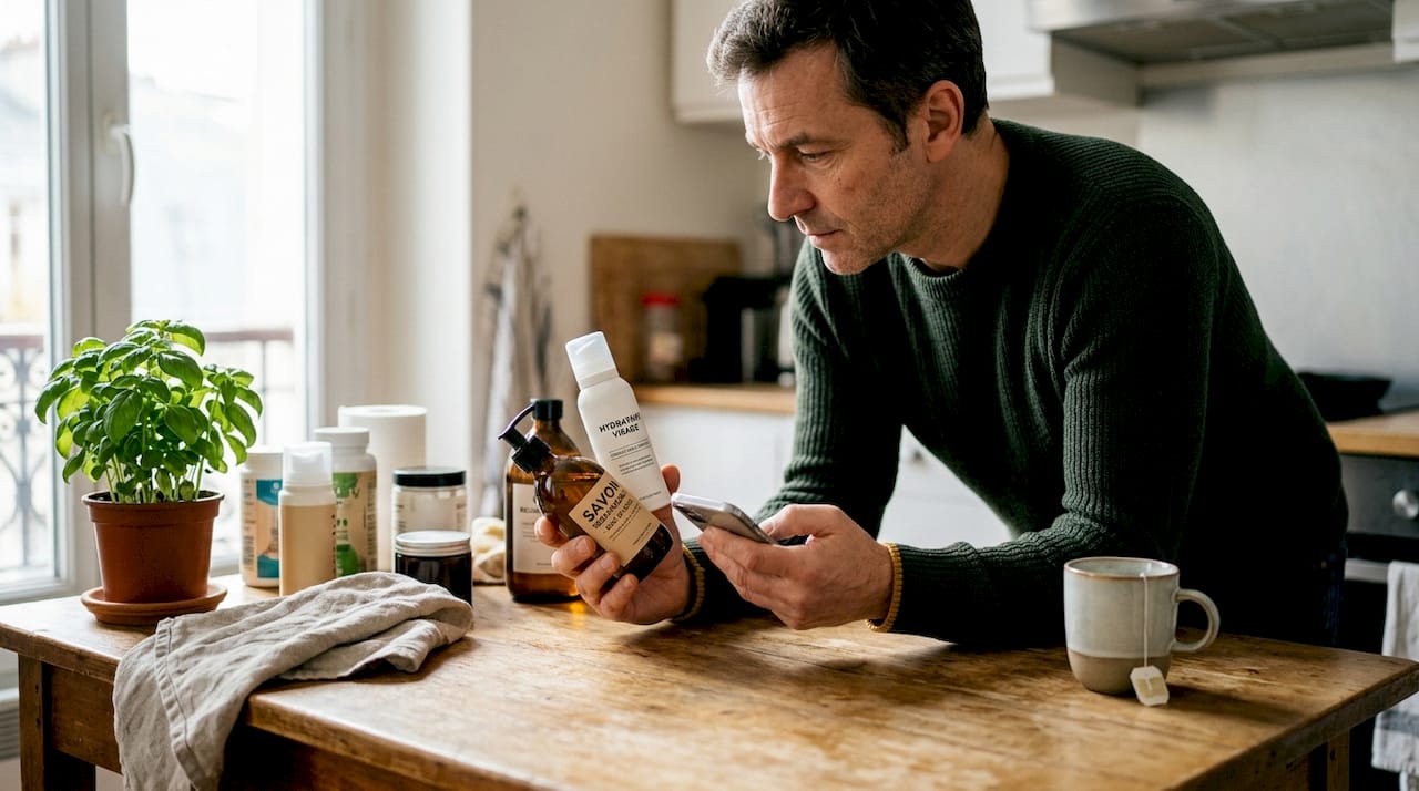 Un homme hésite entre deux soins cosmétiques faits maison, cherchant à déterminer lequel lui conviendra le mieux.