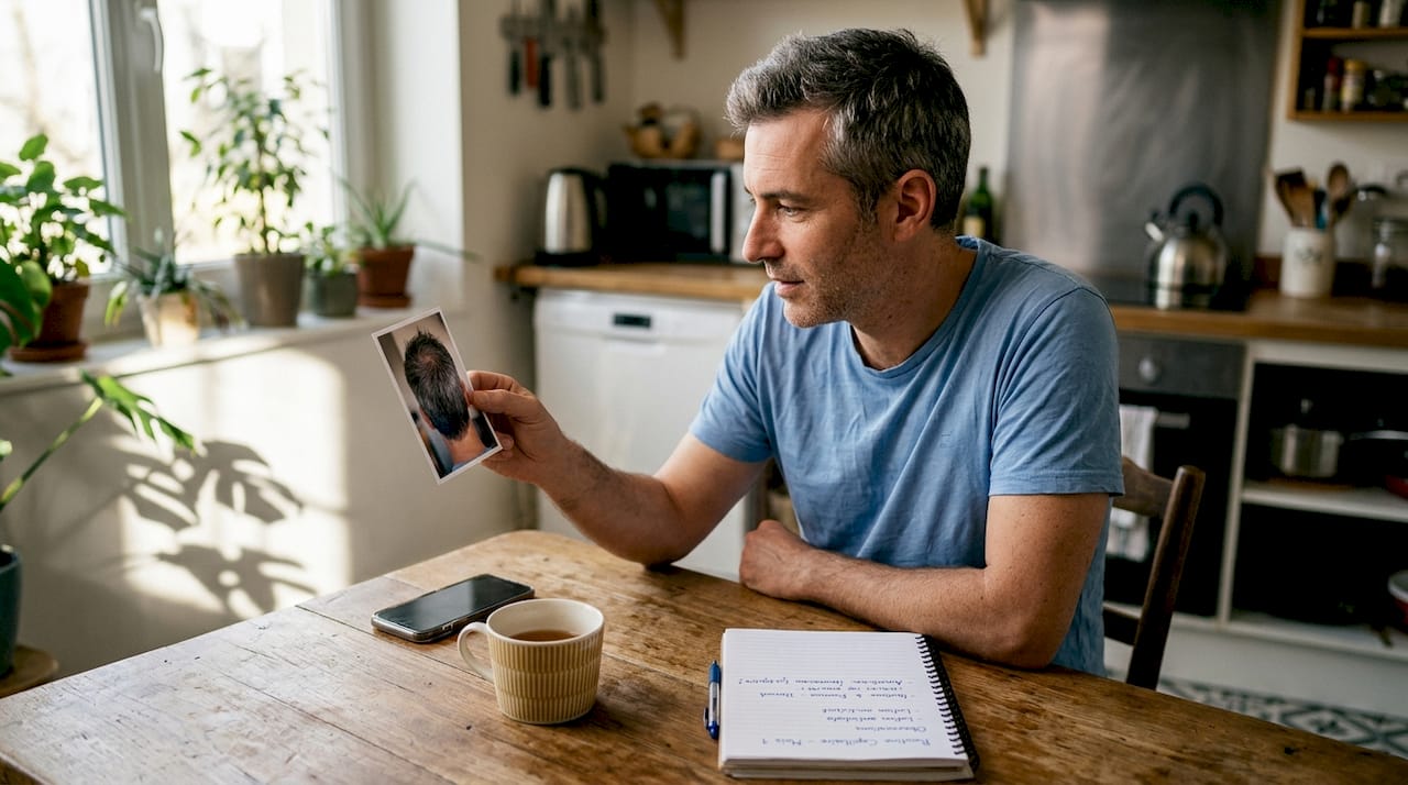 Un homme qui compare des photos pour suivre l’évolution de sa routine capillaire