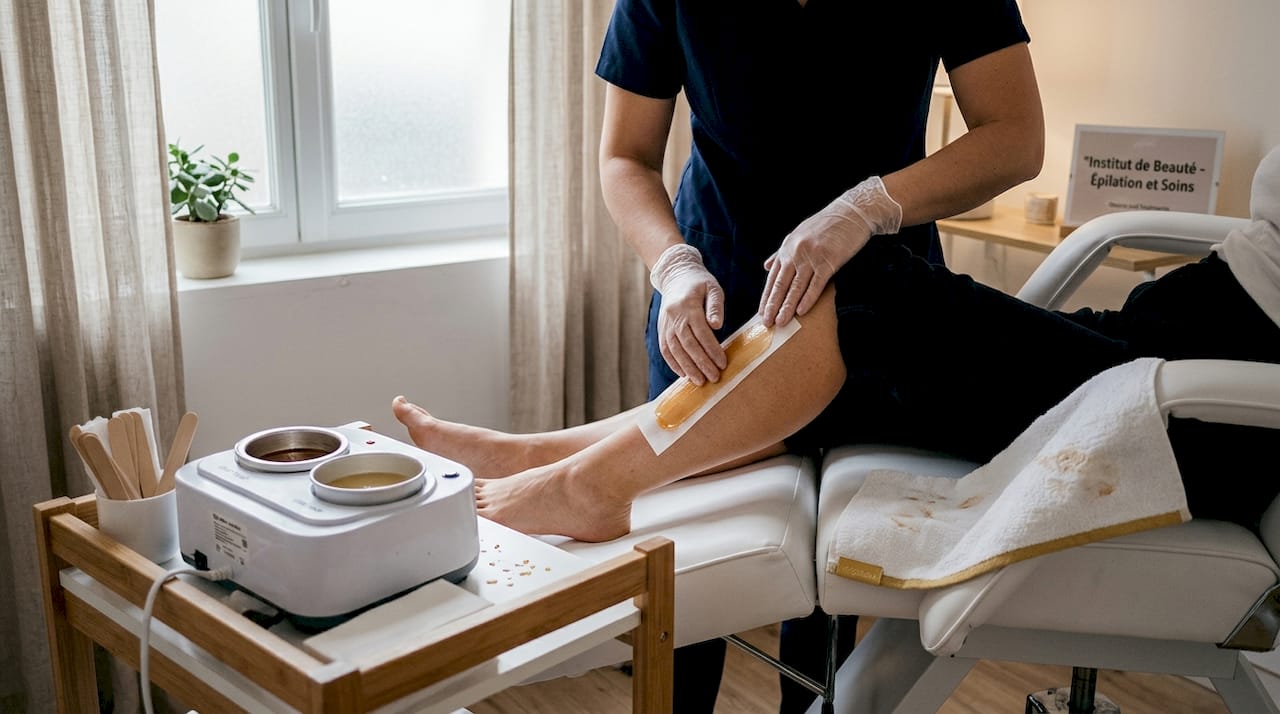 Je pose une bande de cire chaude sur la jambe de la cliente.