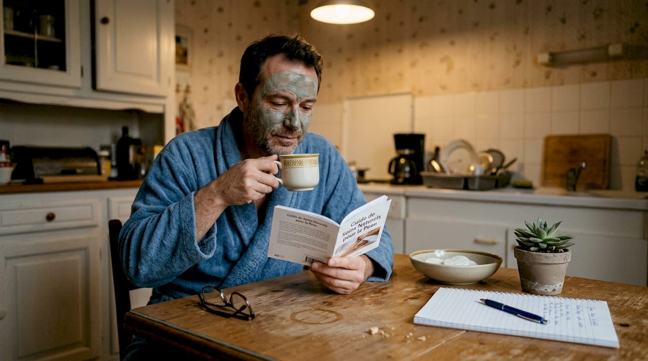 Un homme patiente chez lui avec un masque sur le visage.