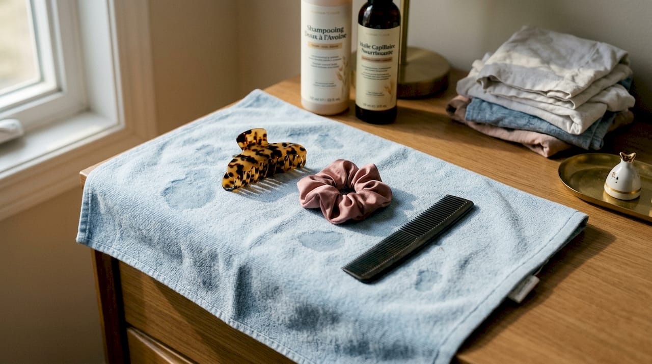 Des accessoires pour cheveux qui sèchent tranquillement sur une serviette étalée dans la chambre.