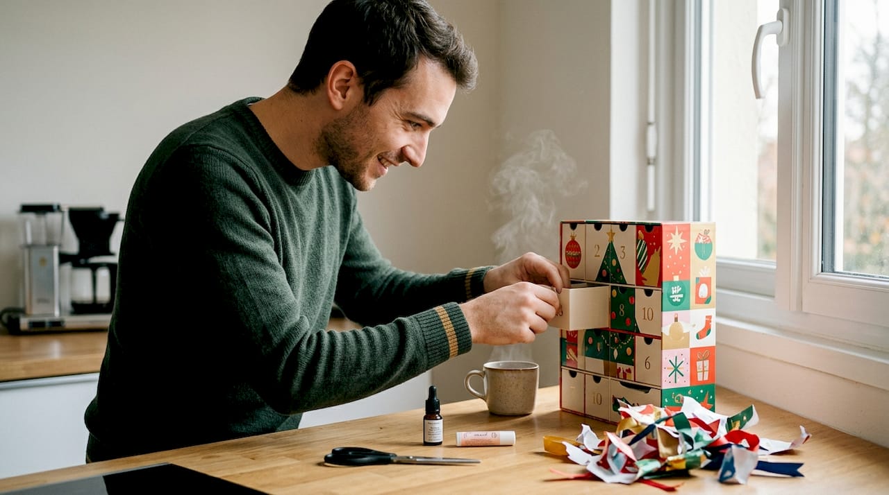 Un homme découvre son calendrier de l’Avent beauté dans la cuisine.