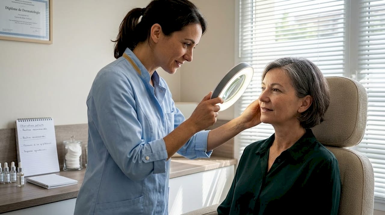 Un dermatologue procède à un examen minutieux de la peau du visage de son patient.