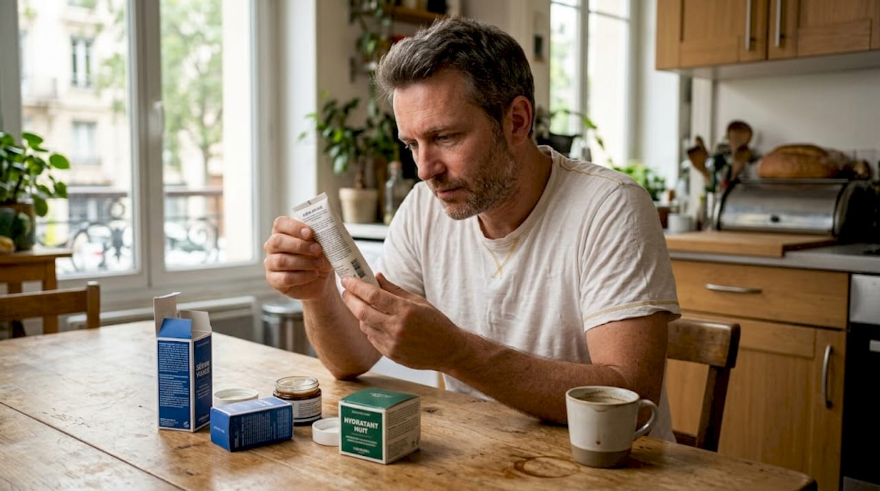 Un homme examine attentivement la composition d'une crème anti-âge avant de l'utiliser.