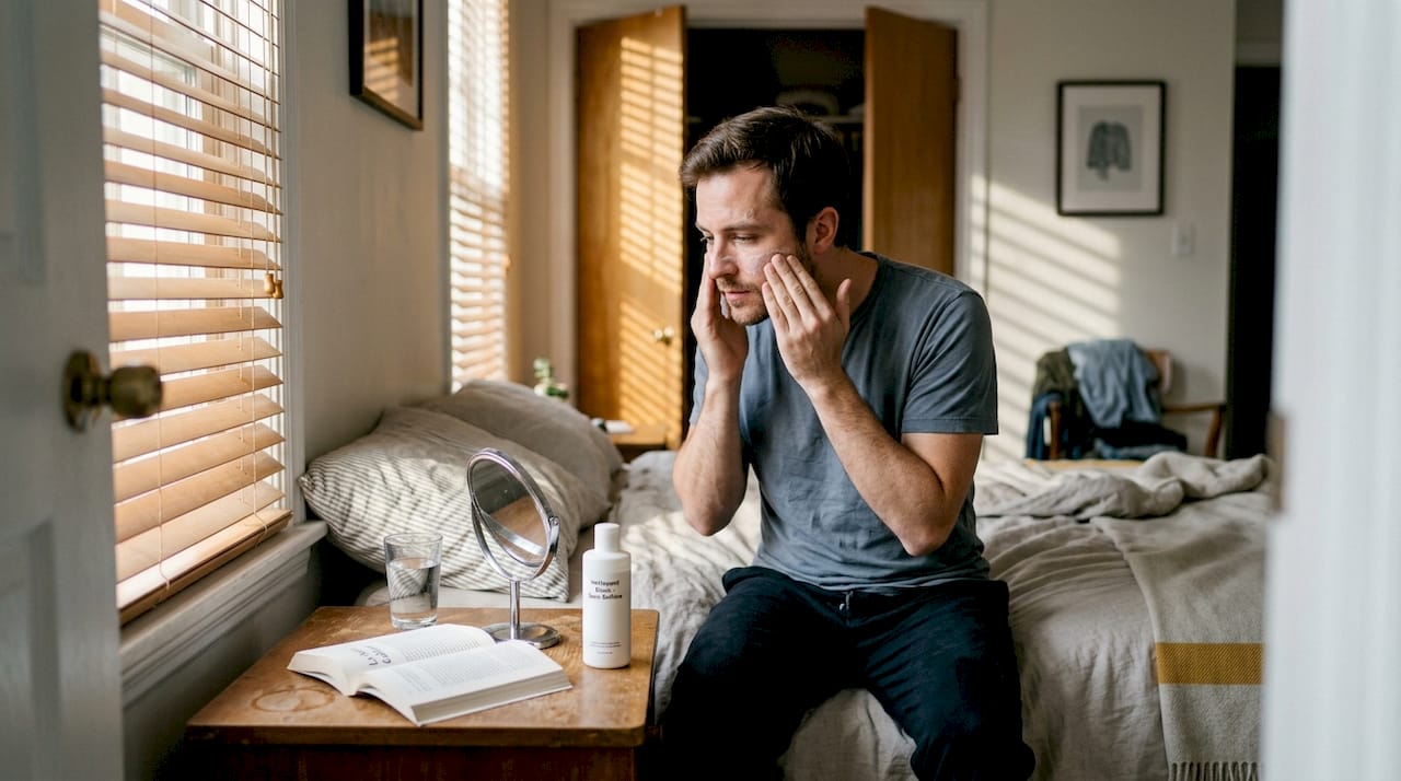 Le matin, un homme prend soin de sa peau en utilisant un nettoyant doux sans sulfate.