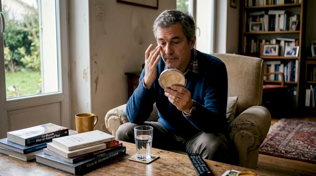 Un homme observe l’apparition de rides sur son visage devant son miroir à la maison.