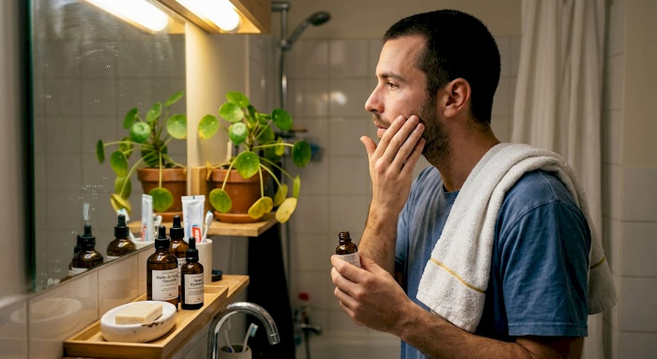 Un homme prend soin de sa peau en appliquant une crème hydratante naturelle devant son miroir dans la salle de bain.
