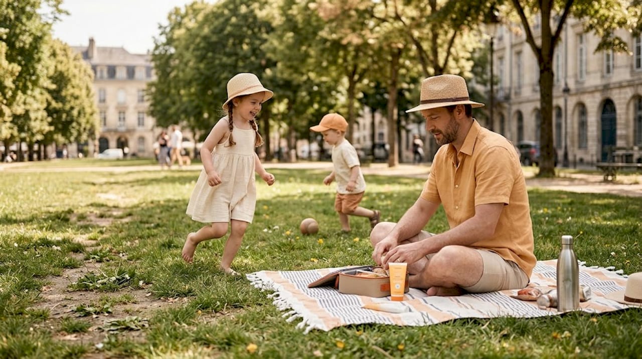 Une famille profite d’une belle journée au parc, avec tout le nécessaire pour se protéger du soleil à portée de main.