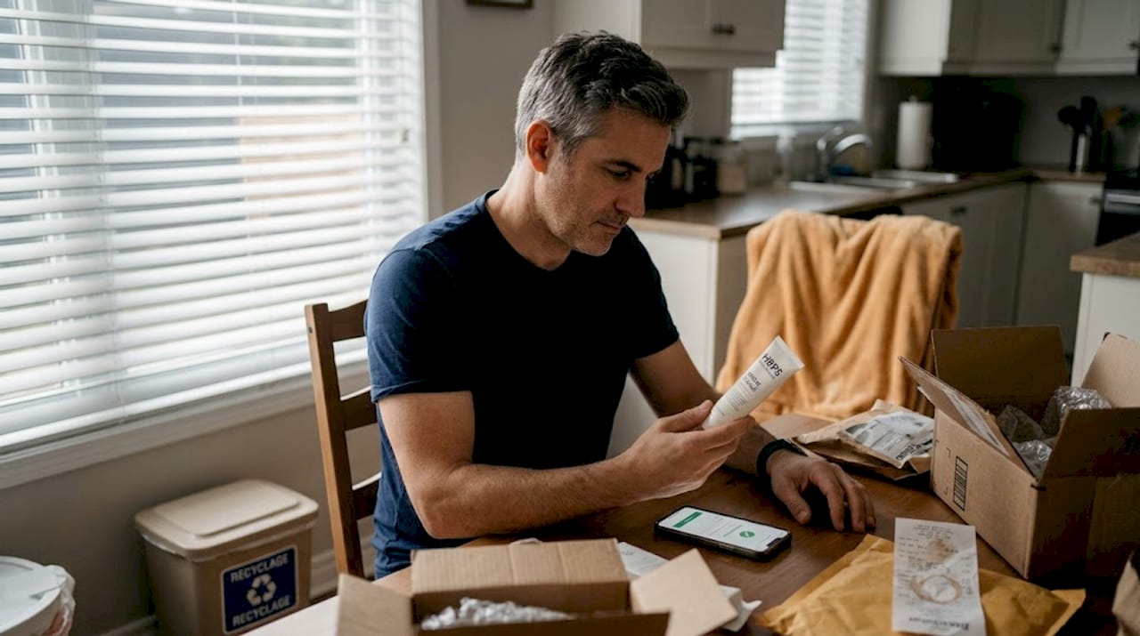 Un homme vérifie si le produit de beauté qu’il vient d’acheter est bien authentique.