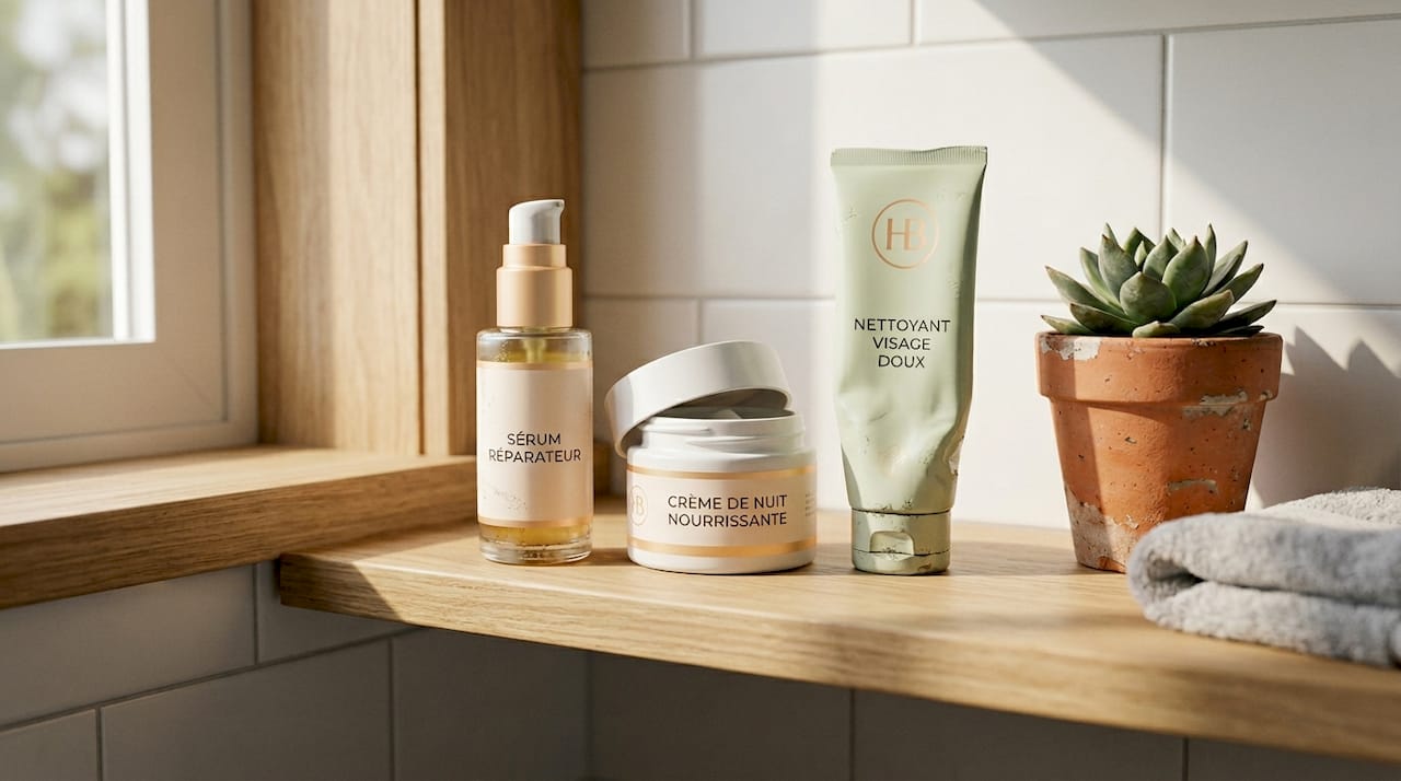 Quelques essentiels beauté posés sur l’étagère de la salle de bain, juste ce qu’il faut pour une routine minimaliste au quotidien.