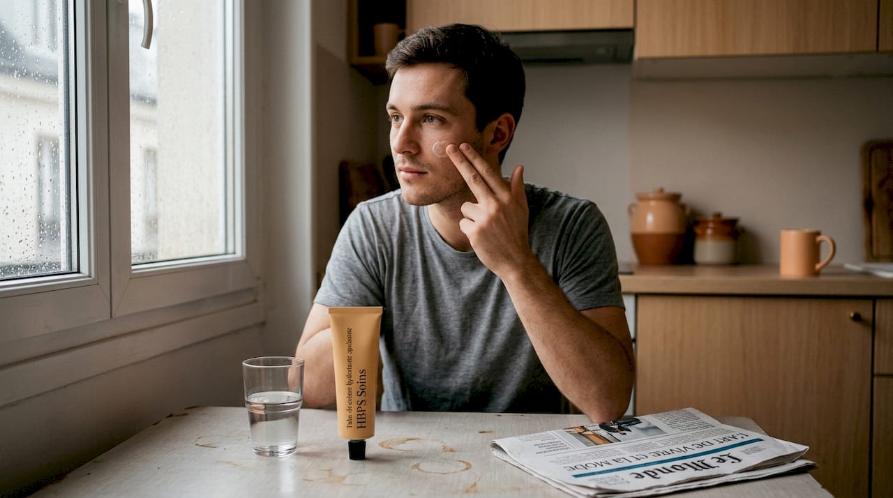 Assis à la table de la cuisine, un homme applique délicatement une crème apaisante sur sa peau.