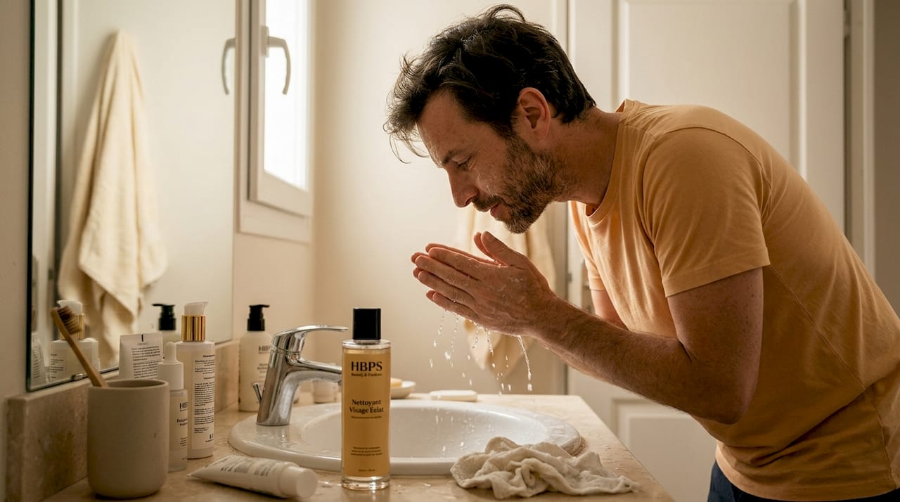Un homme applique son soin du visage devant le miroir de la salle de bain.