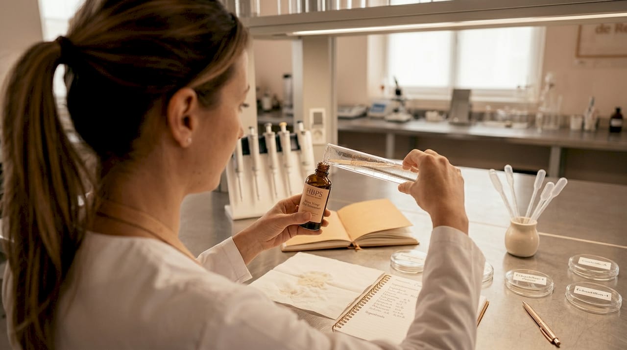 Un chercheur en laboratoire en train de formuler un sérum à la vitamine C