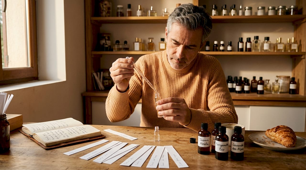 Dans son atelier, le parfumeur compose avec soin de nouvelles fragrances, mariant délicatement les essences pour créer des senteurs uniques.