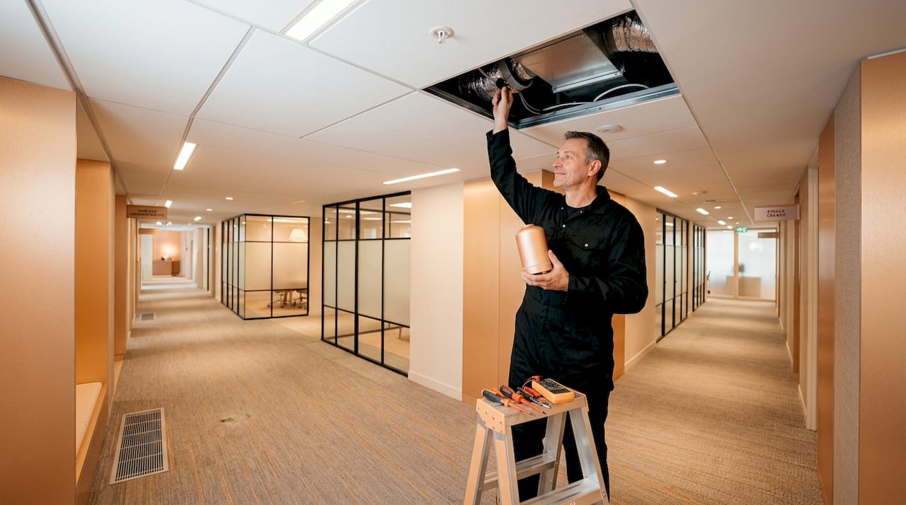 Un technicien procède à l’installation d’un diffuseur sur un système de ventilation CVC.