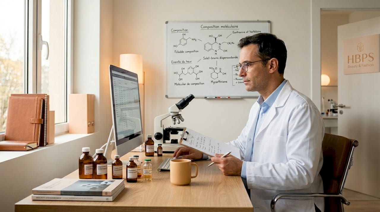 Un technicien de laboratoire analyse la composition et l’efficacité des actifs utilisés en dermo-cosmétique.