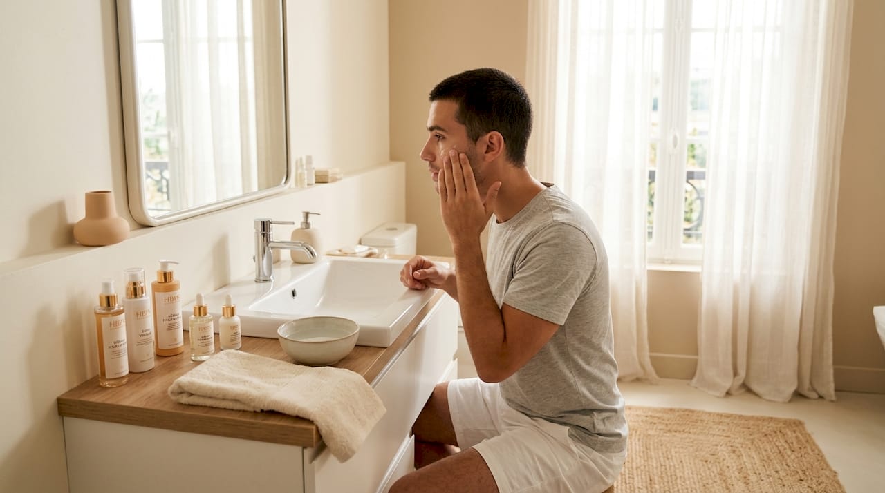 Un homme prend soin de sa peau tranquillement installé dans son salon.