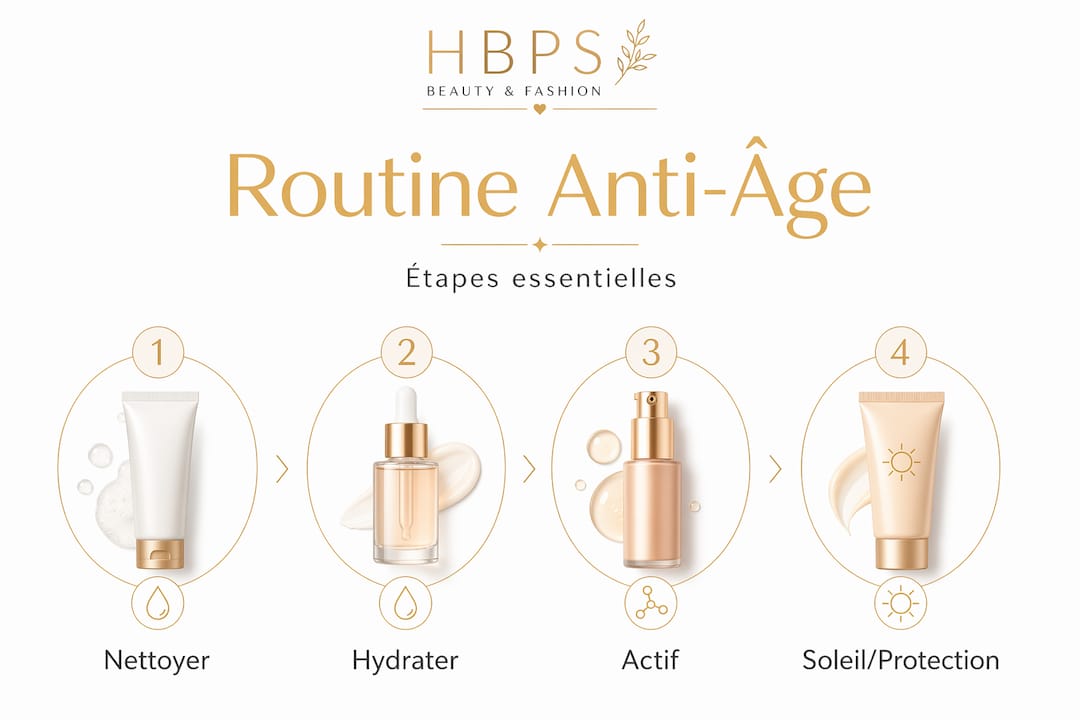 Infographie présentant les différentes étapes d’une routine anti-âge, illustrées de façon claire et dynamique.