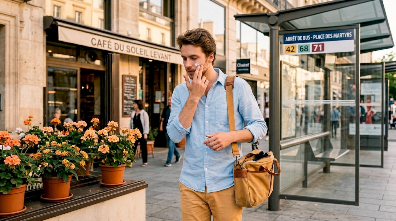 Un homme applique de la crème solaire devant l'entrée du métro.