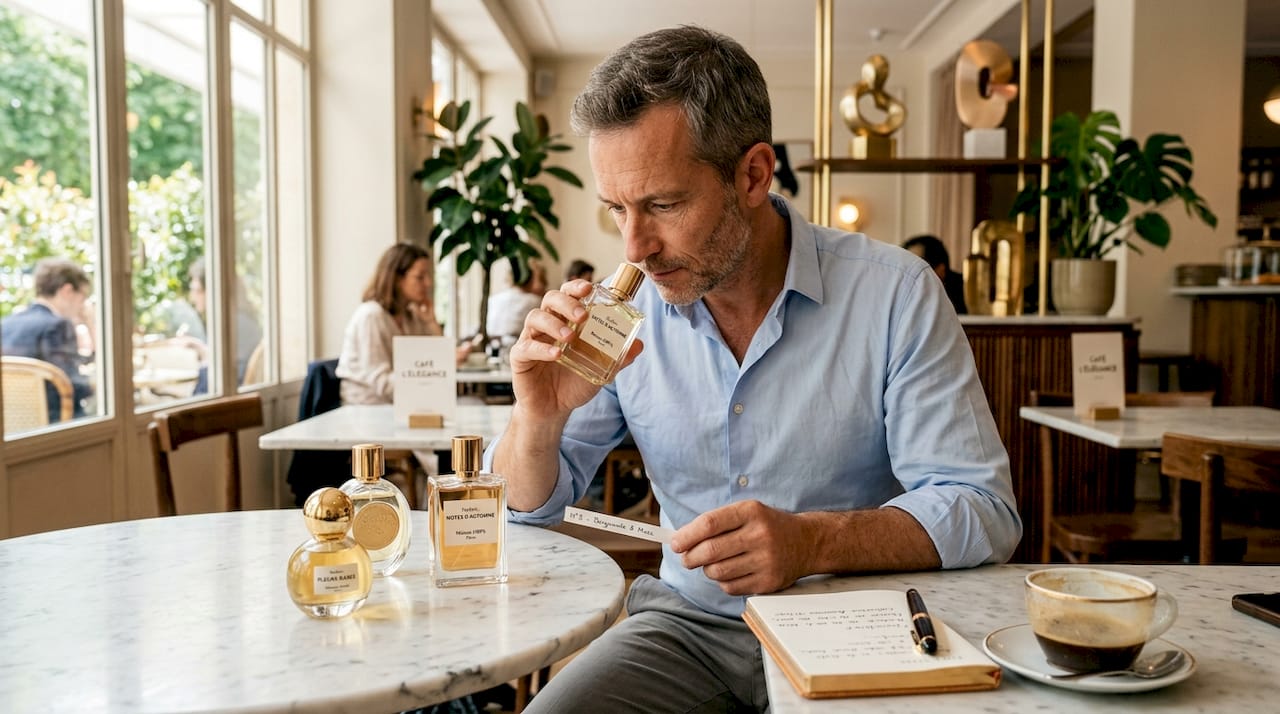 Un homme compare différents parfums et leurs concentrations, installé à son bureau.