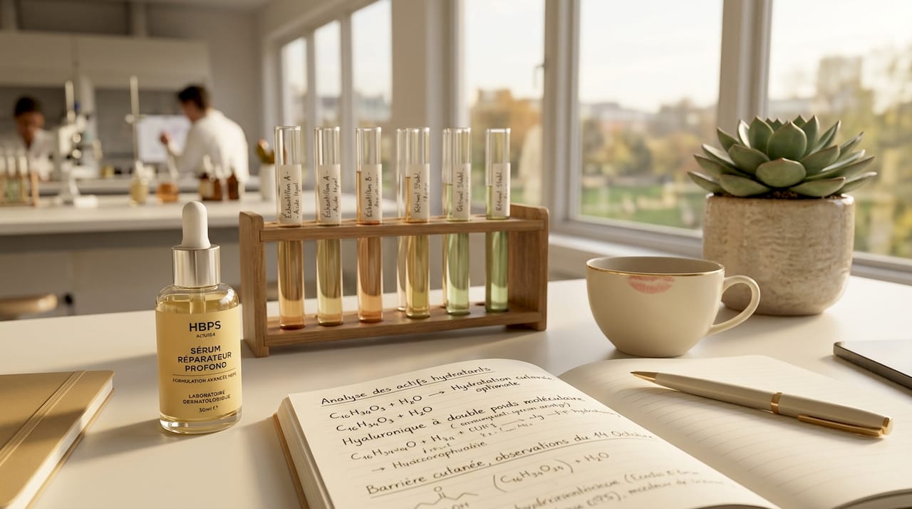 Espace de travail dédié à la dermatologie, avec des flacons de produits et quelques notes manuscrites.