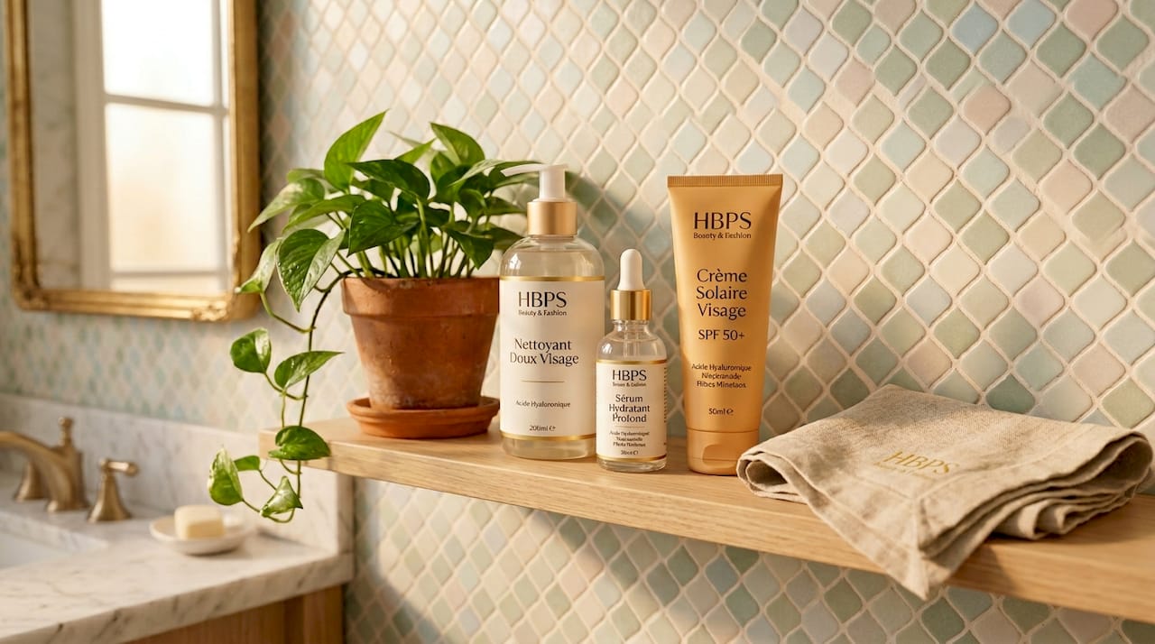 Ma routine beauté quotidienne soigneusement rangée sur une étagère