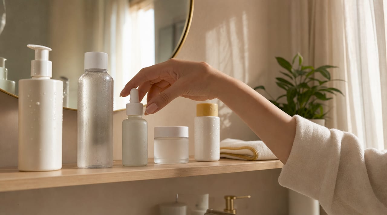 Zoom sur des produits de soin pour la peau soigneusement alignés