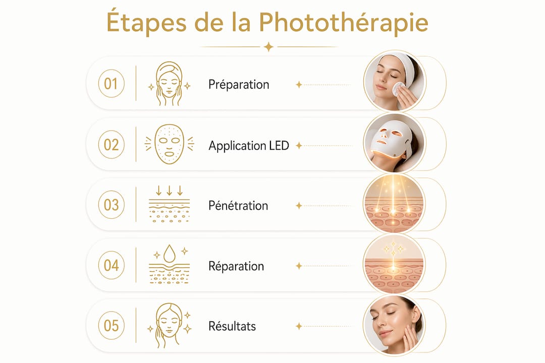 Infographie détaillant les différentes étapes d’un traitement par photothérapie