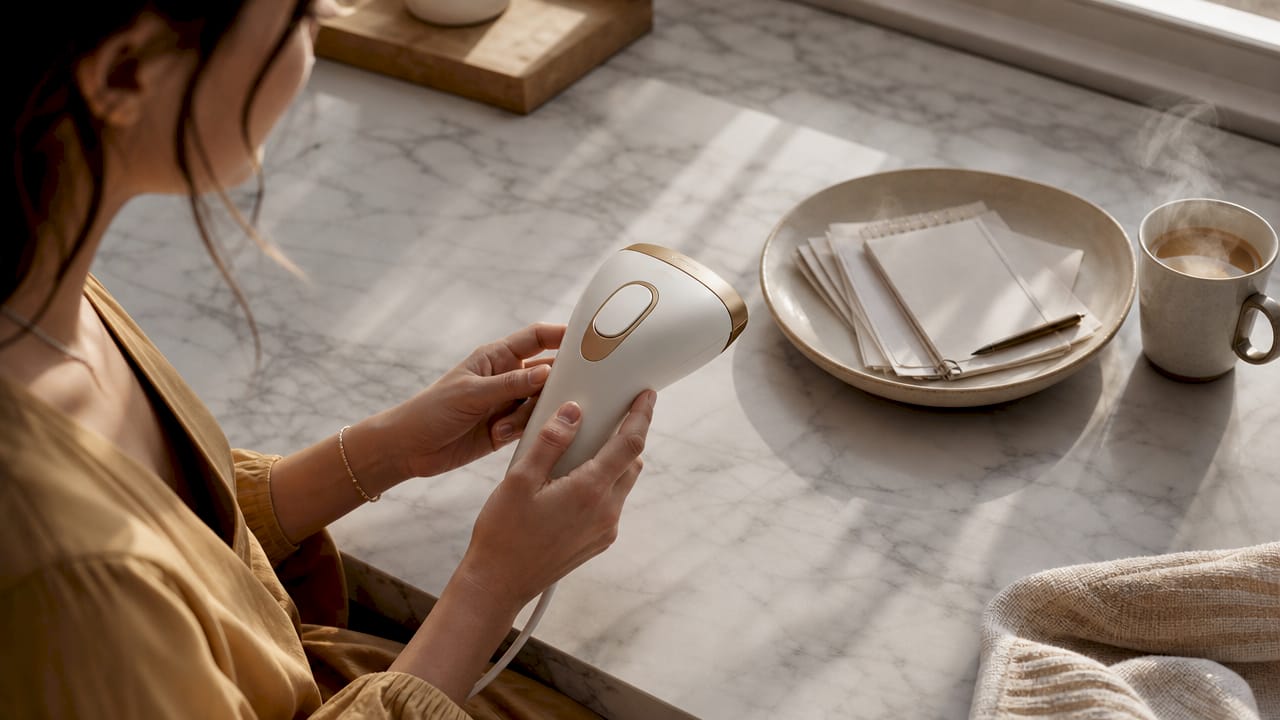 Des mains tenant un appareil IPL, accompagnées d’outils pour gérer son budget