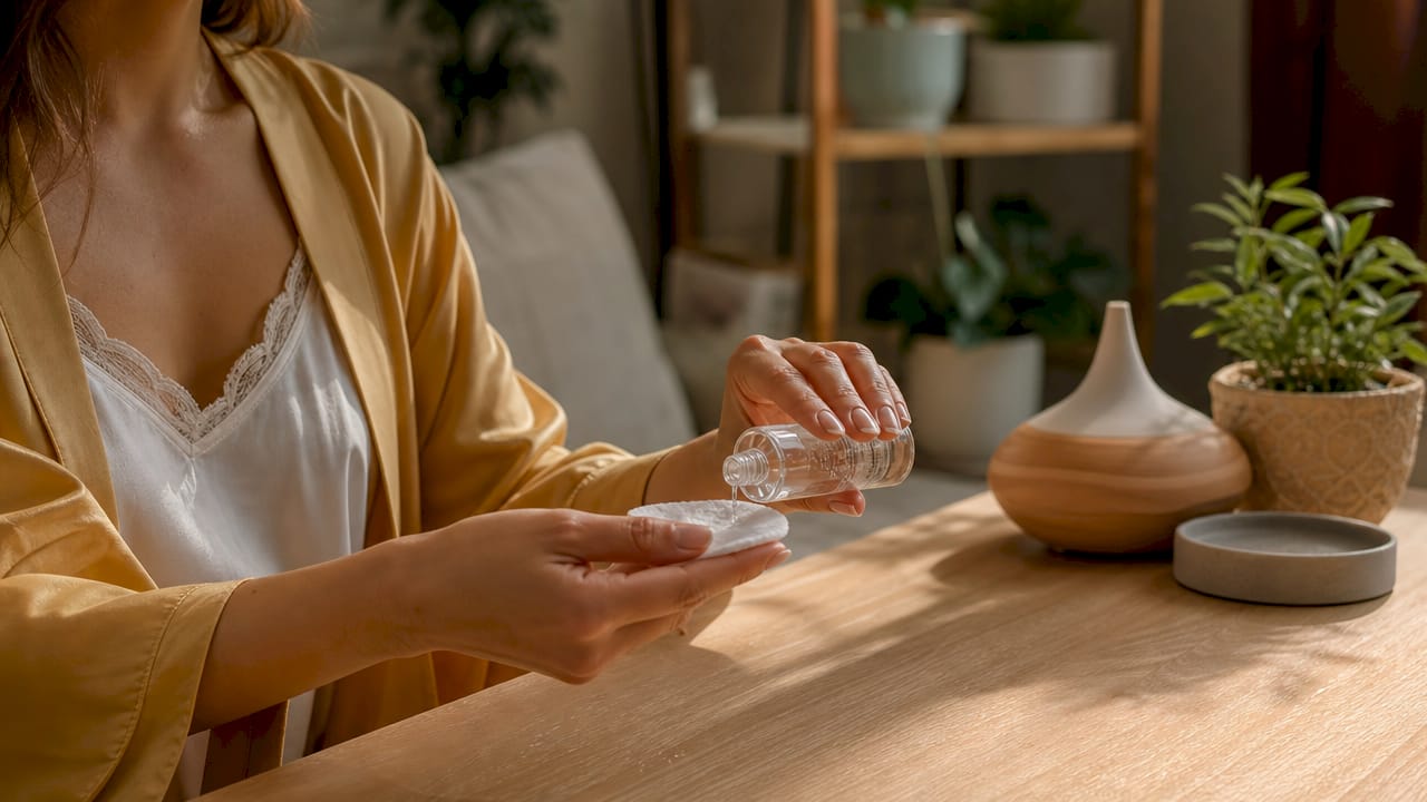Des mains présentent délicatement un flacon de sérum à l’acide hyaluronique.
