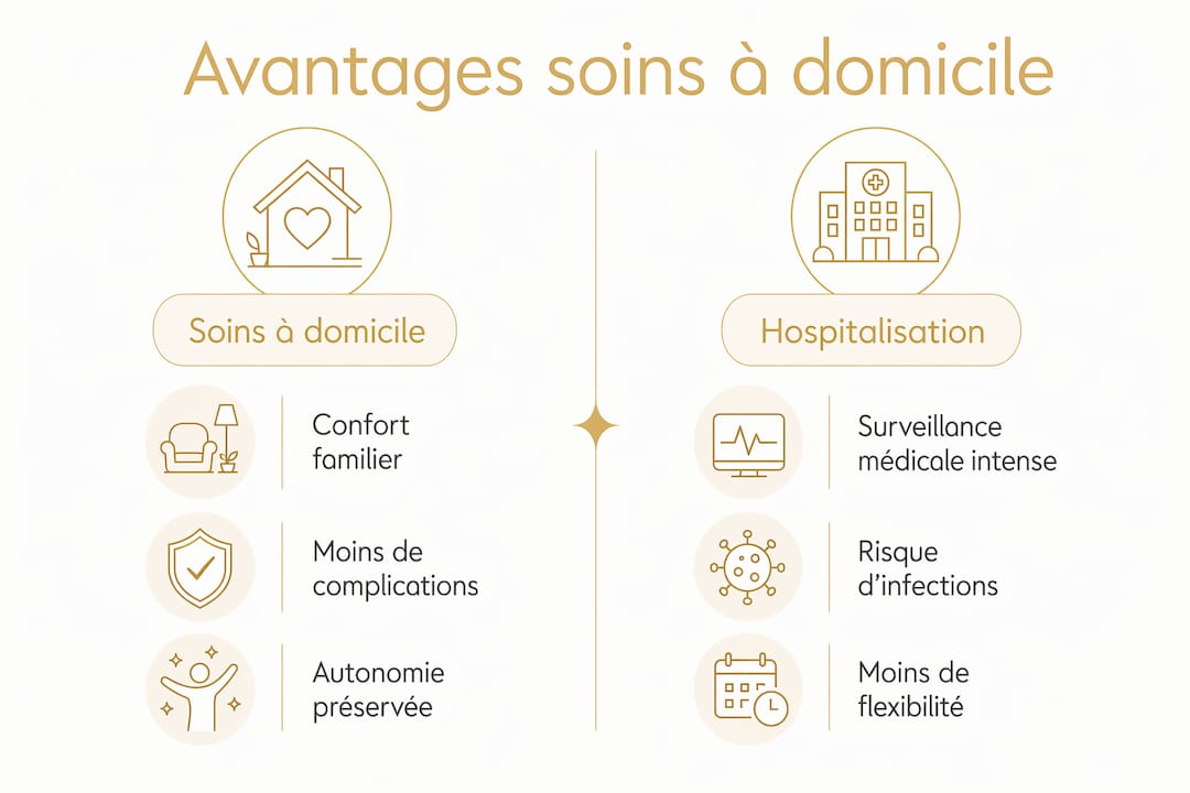 Infographie : soins à domicile ou hospitalisation traditionnelle, quelles différences ?