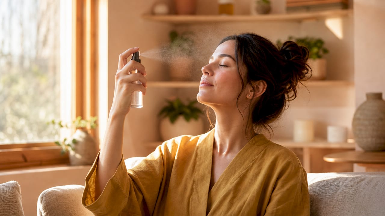 Application d’une brume tonique sur le visage à l’aide des mains