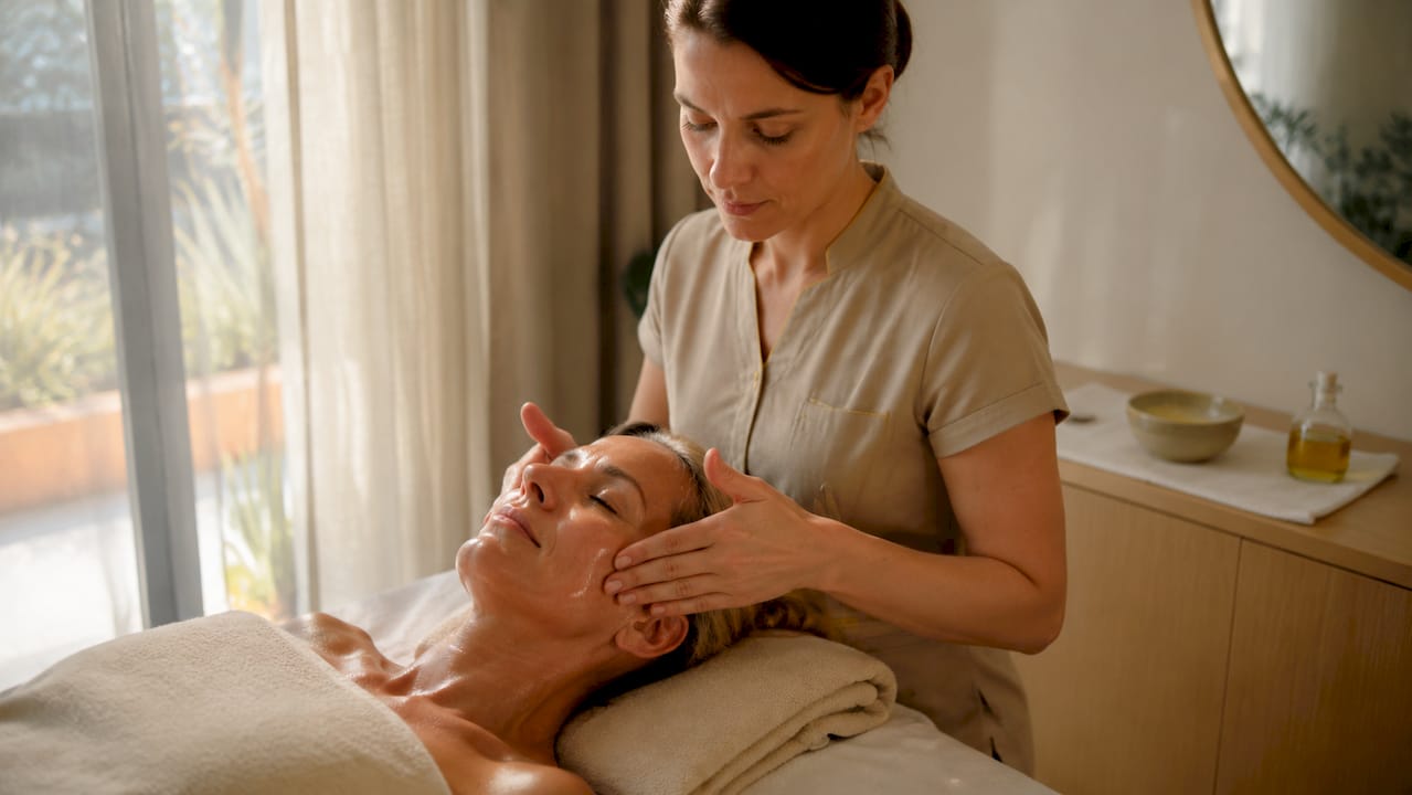 Soin du visage avec un massage relaxant effectué par des mains expertes en institut