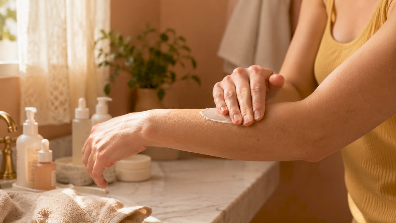 Des mains étalent de la crème solaire sur la peau.