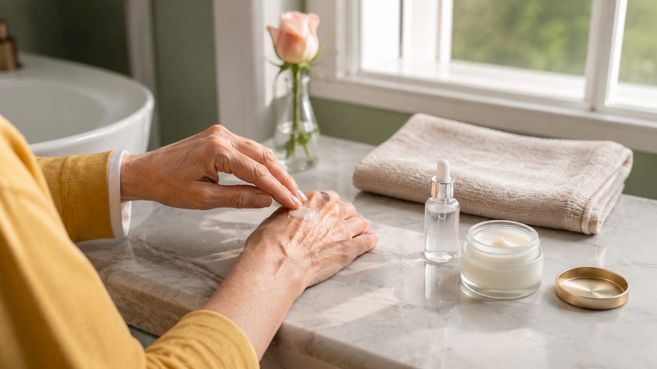 Des mains qui appliquent une crème hydratante après avoir posé un sérum sur la peau.