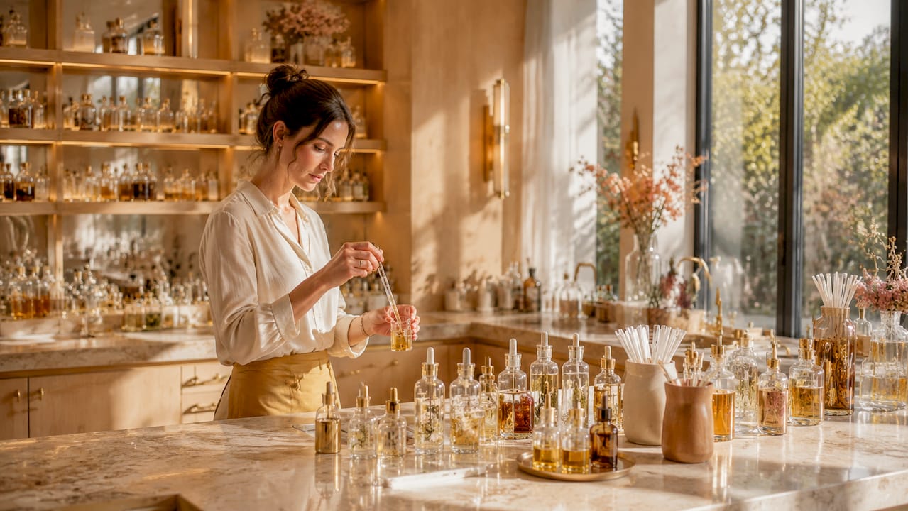 Un parfumeur assemble avec précision différentes huiles essentielles dans son laboratoire, à la recherche de l’accord parfait.