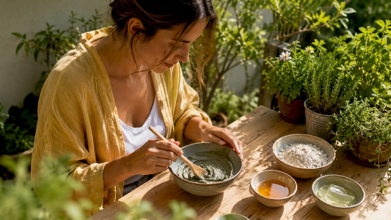Des mains préparent un masque à l’argile fait maison sur le plan de travail de la cuisine.