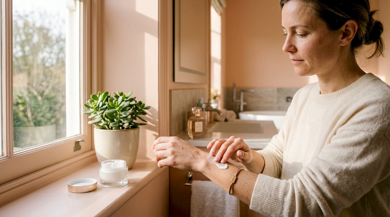 Zoom sur des mains en train d’appliquer une crème hydratante