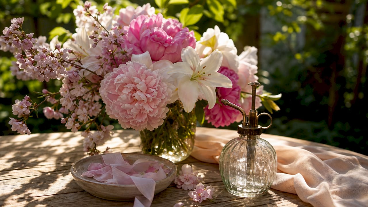 Composition élégante mêlant bouquets fleuris et flacon de parfum rétro