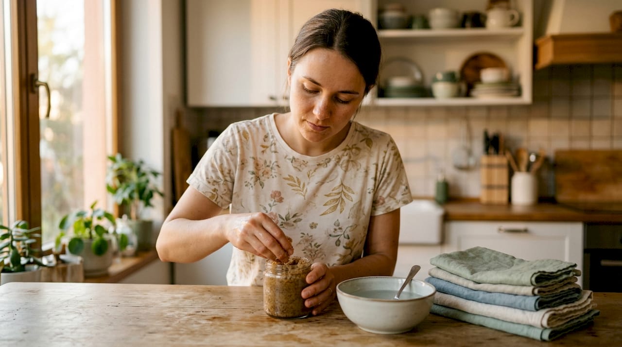 Zoom sur un pot de gommage naturel mettant en avant sa texture granuleuse