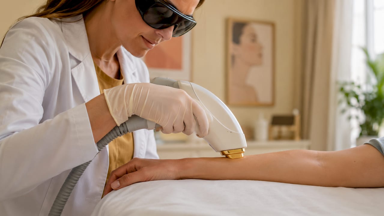Un professionnel de santé pratique un traitement IPL sur la peau d’un patient.