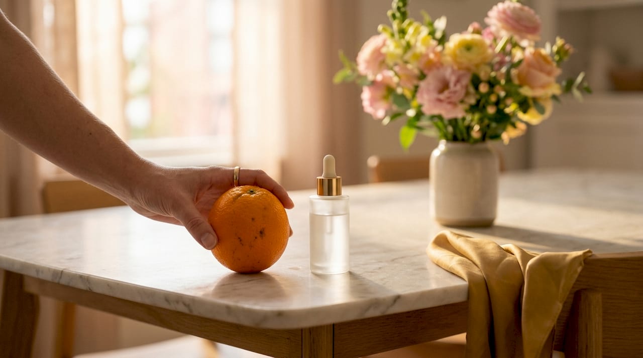 Des mains présentent des fruits gorgés de vitamine C aux côtés d’un sérum antioxydant.