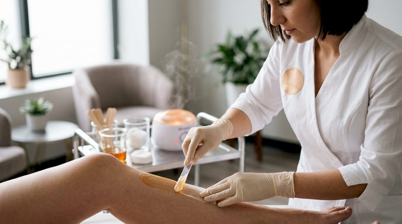 L’esthéticienne applique délicatement la cire chaude sur le mollet, préparant la peau pour une épilation en douceur.
