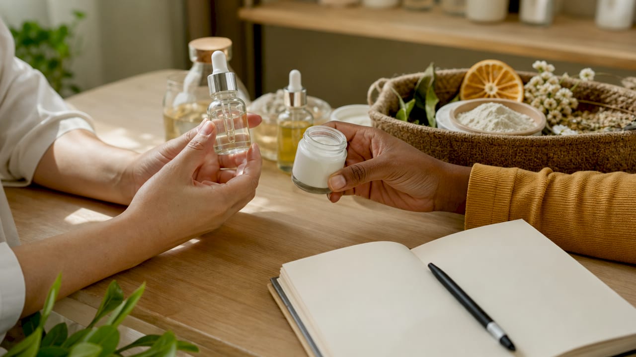 Gros plan sur des mains de différentes origines présentant des ingrédients naturels pour le soin de la peau.