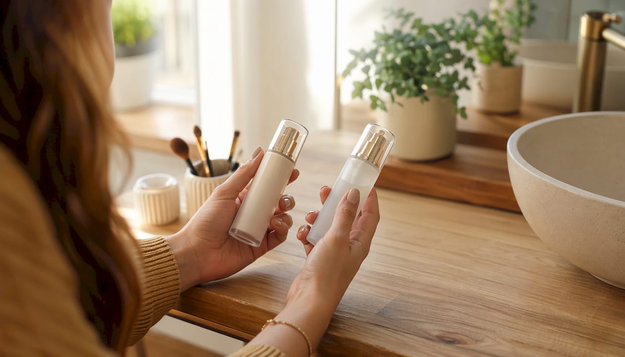 Des mains en train de tester et comparer deux bases de maquillage pour le visage.