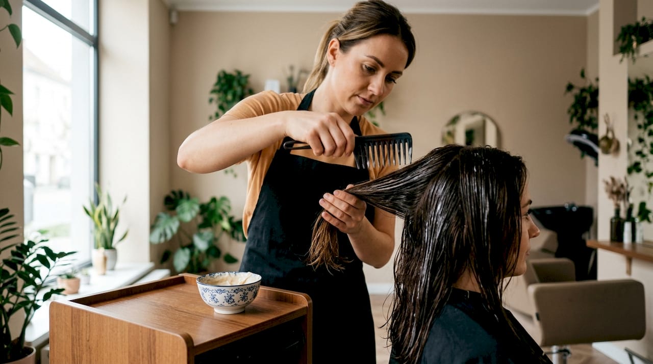 Des mains expertes appliquent un soin profond sur les cheveux.